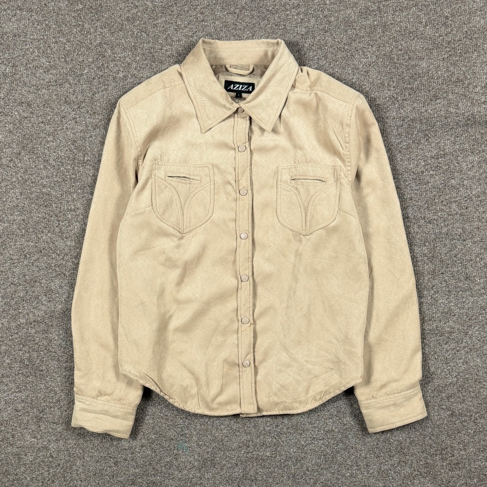 Tan Microsuede Western Collared Shirt Jacket Women’s L Snap Button Retro Shacket